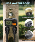 Water Timer For Garden Hose Two Outlet Sprinkler System With Brass Swivel shown on faucet highlighting waterproof features.