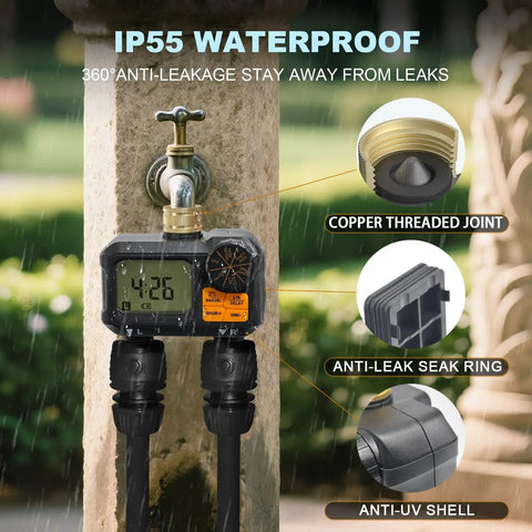 Water Timer For Garden Hose Two Outlet Sprinkler System With Brass Swivel shown on faucet highlighting waterproof features.