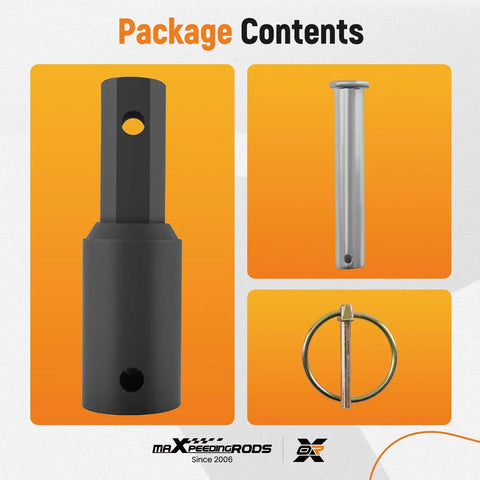 Dead Simple Auger Adapter Coupler Swapping Two Inch Female Round Drives For Two Inch Male Hex Bits On Mini Skid Steers And Post Hole Diggers With Quick Three Quarter Pin Lock Mount package contents including coupler, pin, and lock ring.