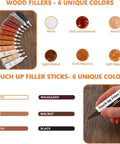 No Sweat Quick Fix Wood Repair Kit Including Six Tone Matching Resin Filler Sticks shown in 12 colors for easy repairs.
