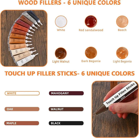No Sweat Quick Fix Wood Repair Kit Including Six Tone Matching Resin Filler Sticks shown in 12 colors for easy repairs.