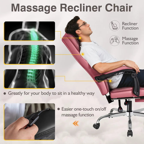 Executive Office Chair With Massage And Footrest, Ergonomic High Back Leather Desk Chair With Reclining Back, Lumbar Support