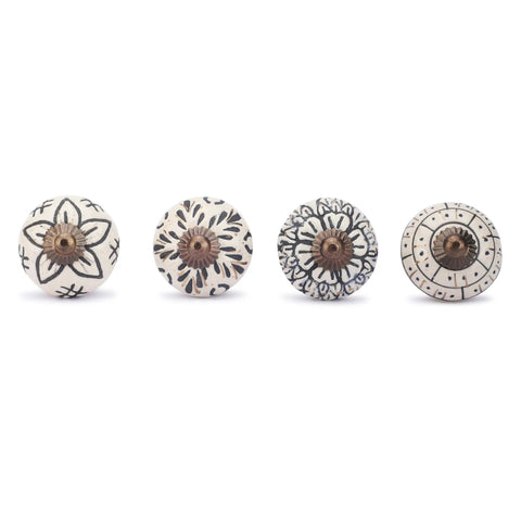 Vintage Style Off White Ceramic Cabinet Knobs And Handmade Drawer Pull Handles Featuring Glossy Antique Texture That Offer A Dang Nice Upgrade For Your Kitchen Counters, set of four with floral designs.
