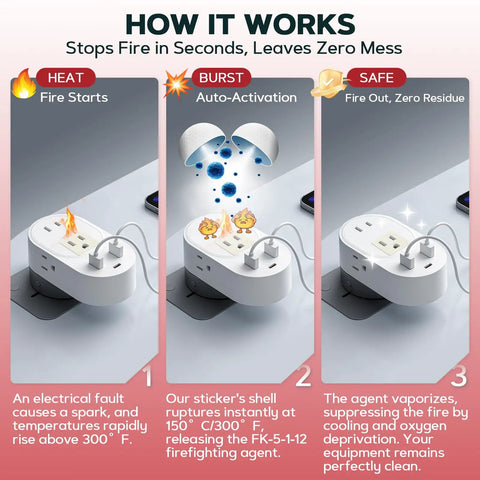 Diagram showing how 18 Pack Fire Suppression Stickers For Electrical Outlets And Power Strips Self Adhesive Heat Activated Fire Protection Pads work