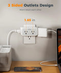 The Ultimate Eight In One Multi Plug Outlet Splitter Packs Hella Convenient Surge Protection Plus A Smooth Wall Mount Extender Hookup Featuring Fast Usb C And Usb A Charging Ports In Modern Grey Perfect For Your Dorm Room Setup Today, showing three-sided outlet design.