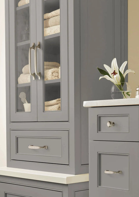 Kitchen with gray cabinets featuring Eight Inch Center To Center Appliance Pull Satin Nickel Highland Ridge Drawer Pull