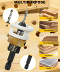 Carbide Tipped Countersink Drill Bit Set With Low Friction Depth Stop and Adjustable Pilot, shown with material examples.