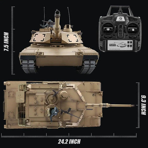 Top and front view of US M1A2 Abrams RC Tank One Sixteenth Scale HengLong 2 4GHz Remote Control Vehicle with controller