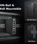 Industrial Din Rail PoE Switch with Four Gigabit PoE Ports, One Uplink, One SFP, metal enclosure, shown in DIN-rail and wall mount