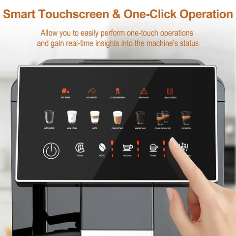 Smart touchscreen on Total Game Changer Super Automatic Espresso Machine With Built In Grinder And 15 Custom Settings for easy operations.