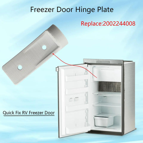 Freezer Door Hinge Plate Replacement For Camper And RV Dometic 2002244008 And Instamatic 330019, shown with freezer door open