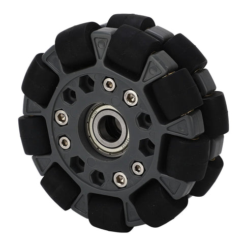 Robot omniwheel tire, 100mm, black roller tires with gray hub, front view