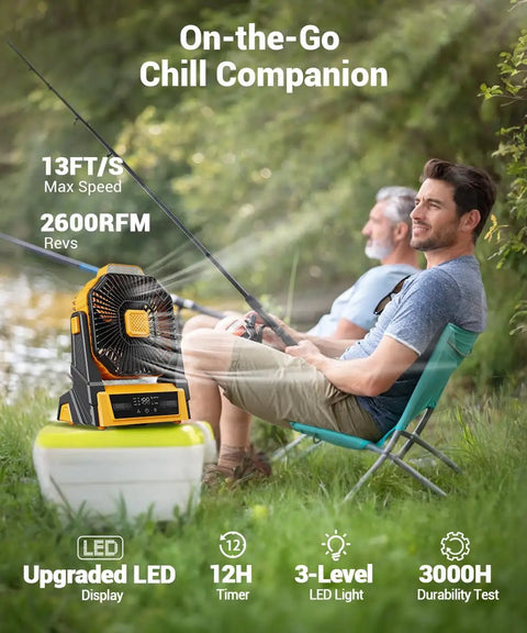Portable Camping Fan With Lights And 20000mAh Battery Powered Outdoor Fan, yellow fan by a lake with fishing man
