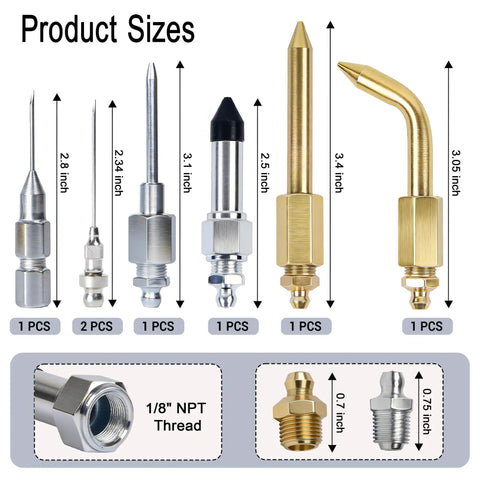 7 Piece Grease Gun Needle Tip Kit With 3 Nozzles, Needle Dispenser, Rubber Tip, Straight And Elbow Adapters with sizes