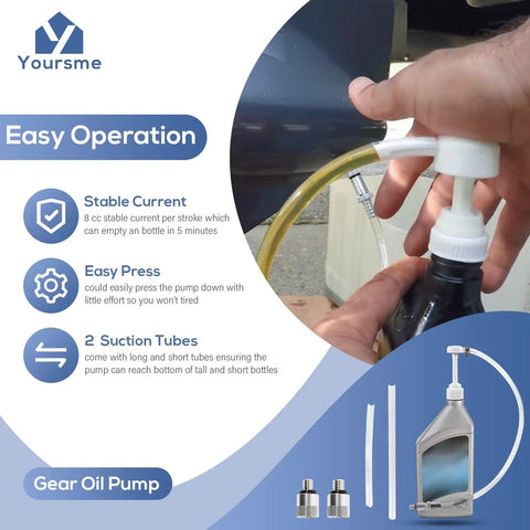 Person using Gear Lube Pump For 32 Oz Bottles With Three Eighths Inch Swivel Adapter And Eight Millimeter And Ten Millimeter Metal Adapters
