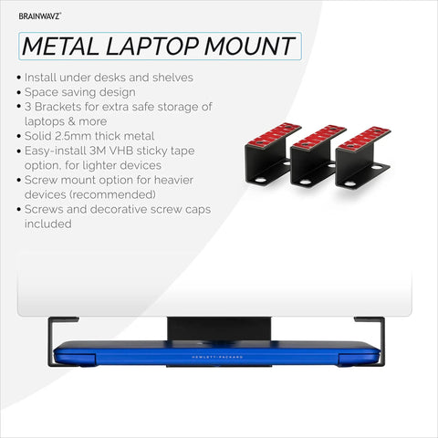 Under Desk Laptop Holder Mount With Adhesive And Screw In Install Holds Laptops Up To 1.8 Inches Thick, in metal black, showing brackets and mount in use.