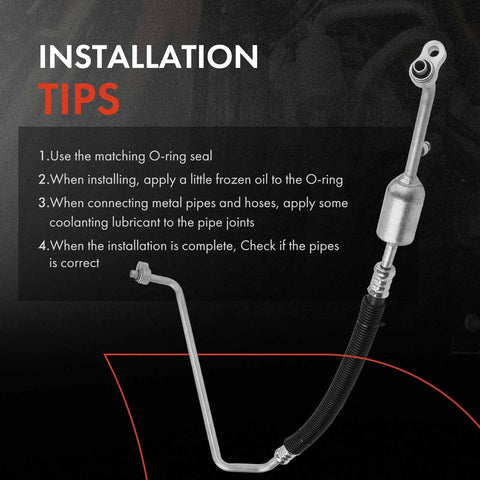 A/C discharge line hose assembly with metal pipe and flexible rubber hose for GM Cadillac/Chevrolet/GMC vehicles.