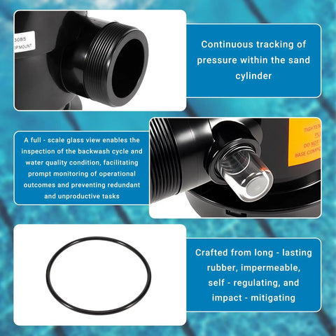 Close-up of parts and features of Top Mount Multiport Valve 2 Inch 6 Position Pool Filter Control Valve Replacement 263085