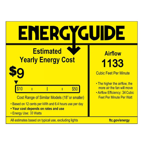 Energy Guide label showing $9 estimated yearly cost and 1133 CFM airflow for 42 Inch Retractable Ceiling Fan With Remote And LED Light Modern White Enclosed Ceiling Fan With Invisible Blades Space Saving Design For Living Room Bedroom Dining Room Quiet And Energy Efficient Boss Vibe