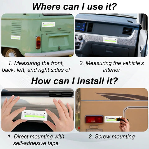 Four Pack RV Level Bubble Kit With Two Rectangular And Two T Type Levels Stick On Or Screw Mount Mini Levelers shown in use and installation on RV and dashboard.