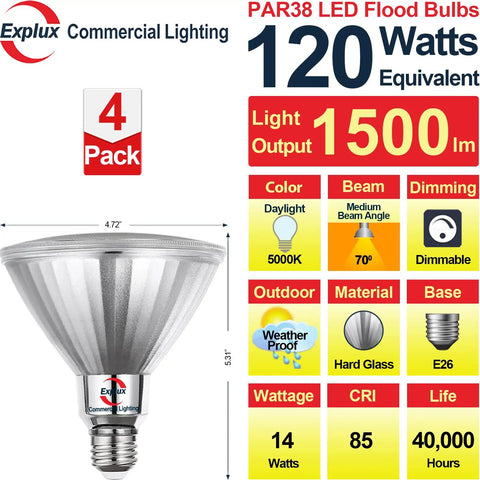 Commercial Grade LED PAR38 Flood Light Bulbs 120W Equivalent 1500 Lumens 40,000 Hours Full Glass Waterproof Dimmable