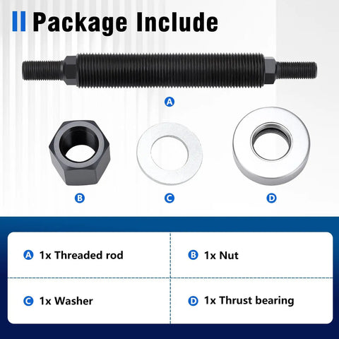 Package contents of Chevy Harmonic Balancer Installation Tool 66515 For SBC And BBC Cranks with threaded rod, nut, washer, bearing