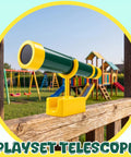 Kid Friendly Green And Yellow Telescope Playset With 360 Degree Spin Magnification, Plastic Telescope Attachment For Treehouse Playground And Outdoor Playhouse, Gift For Little Explorers mounted on wood railing