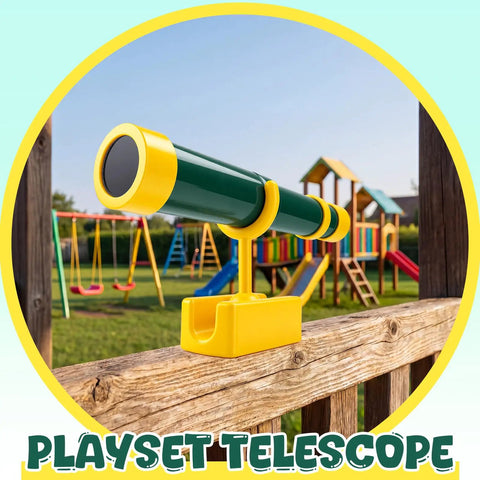 Kid Friendly Green And Yellow Telescope Playset With 360 Degree Spin Magnification, Plastic Telescope Attachment For Treehouse Playground And Outdoor Playhouse, Gift For Little Explorers mounted on wood railing