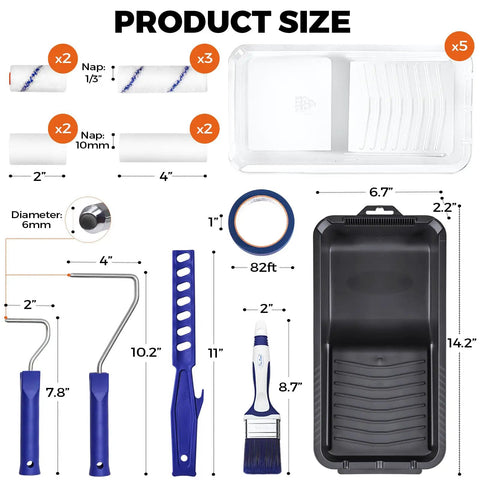 Dimensions of 20 Piece Small Paint Roller Kit With 4 Inch And 2 Inch Rollers, Microfiber And Foam Covers, Tray, Brush, Tape, Stirrer