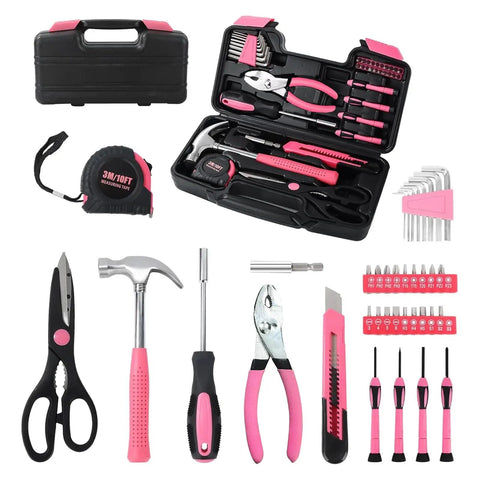39 Piece Household Tool Set For Home, Garage, Office And Dorm Pink, Pro Grade DIY Essentials For Furniture Assembly, Picture Hanging