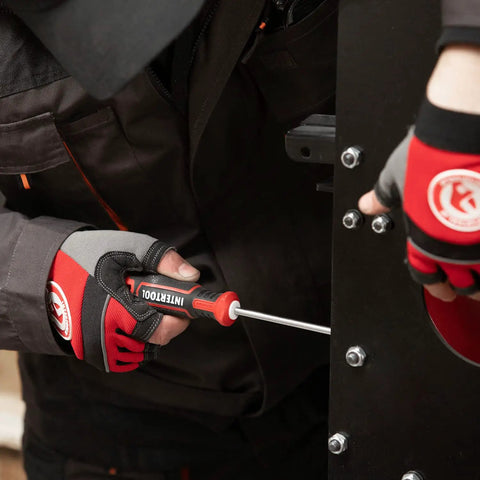 Magnetic Screwdriver Set With Impact Grade S2 Steel And Ergonomic Cushion Grip Four Piece Kit in use on metal panel