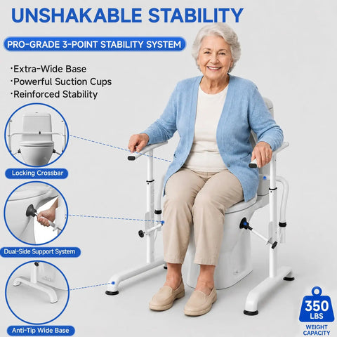 Built Tough Adjustable Toilet Safety Rails With Heavy Duty Stainless Steel Grab Bars For Seniors, unshakeable stability system shown.