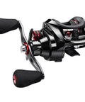 Budget Friendly Baitcasting Reel With 18 Lb Carbon Fiber Drag And A Slick 7.1 To 1 Gear Ratio For Right Handed Anglers High Tech Performance Compact Design Durable Build Great Value For Anglers Of All Skill Levels sleek black and red finish side view