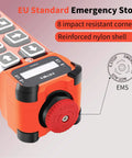 Close-up of Eight Channel Industrial Wireless Crane Remote Control with red E-Stop button and reinforced nylon shell.