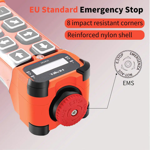 Close-up of Eight Channel Industrial Wireless Crane Remote Control with red E-Stop button and reinforced nylon shell.