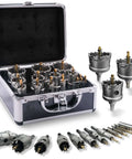 HYADSHEN 17-piece hole saw kit in metal case with tungsten carbide saws (9/16-2-1/8), includes 4 detachable pilot bits.