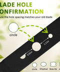 Diagram showing blade hole confirmation with circular, elliptical, bow-tie shapes for 20 Inch Lawn Mower Replacement Blade For Ryobi 40V Brushless RY40180 RY40190 RY401110 Not For Cross Cut Models Ships Unsharpened So You Can Sharpen For Your Grass Type With Half Moon And Round Center Holes Replaces AC04020.