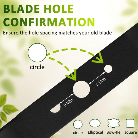 Diagram showing blade hole confirmation with circular, elliptical, bow-tie shapes for 20 Inch Lawn Mower Replacement Blade For Ryobi 40V Brushless RY40180 RY40190 RY401110 Not For Cross Cut Models Ships Unsharpened So You Can Sharpen For Your Grass Type With Half Moon And Round Center Holes Replaces AC04020.