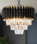 Modern Crystal Chandelier 3 Tier Round Black And Gold Pendant Light With 12 LED Bulbs, Premium Contemporary Ceiling Fixture