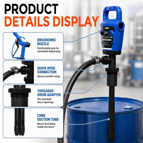 Dual Power Electric Drum Pump For 55 Gallon Barrels, 110V AC And 12V DC Options, 5 GPM Flow Rate With Bung Adapter Ideal For Garage Workshop Farm Oil Transfer Work Sites