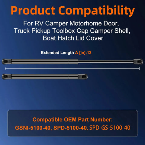 Heavy Duty 12 Inch 40 Lb Gas Strut Lift Support For RV Camper Motorhome Doors, compatibility list displayed