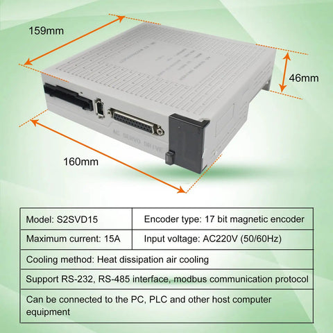 S2SVD15 driver for 400W 220V Servo Motor Kit with Brake, featuring encoder ports and cooling vent, for CNC automation.