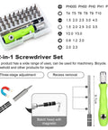 32-in-1 screwdriver set with green handle and multiple bits for machinery and bicycle repair