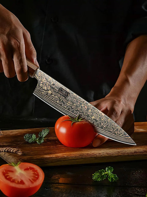 8 Inch Damascus Chef Knife 33 Layer Copper Pattern V Shaped Blade Ultra Sharp Kitchen Essential in action slicing a tomato.