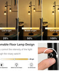 Industrial Farmhouse Floor Lamp With Three Glass Shades, Tall Standing Lamp With Dimmable Switch, Sturdy Black Base For Living Room Bedroom Office Home Decor, Modern Rustic Lighting That Hits, showcasing dimmable light settings and switch control.