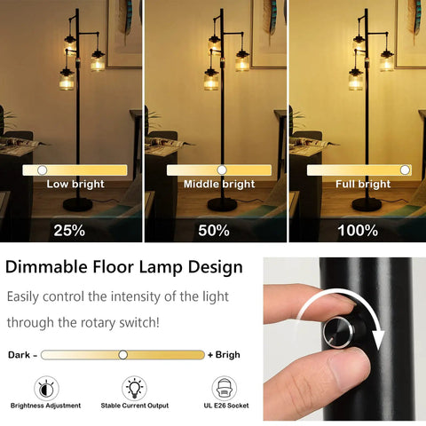 Industrial Farmhouse Floor Lamp With Three Glass Shades, Tall Standing Lamp With Dimmable Switch, Sturdy Black Base For Living Room Bedroom Office Home Decor, Modern Rustic Lighting That Hits, showcasing dimmable light settings and switch control.