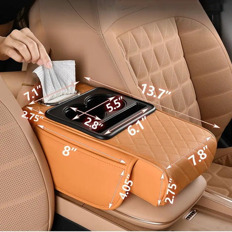 5 In 1 Armrest Cushion Organizer For Sedans With Side Storage Pockets Cup Holder Tissue Box Slot Phone Slot And Interior Car Organizer Black Keeps Your Ride Tidy With Extra Pockets And Non Slip Surface For Phones displayed in car with dimensions labeled
