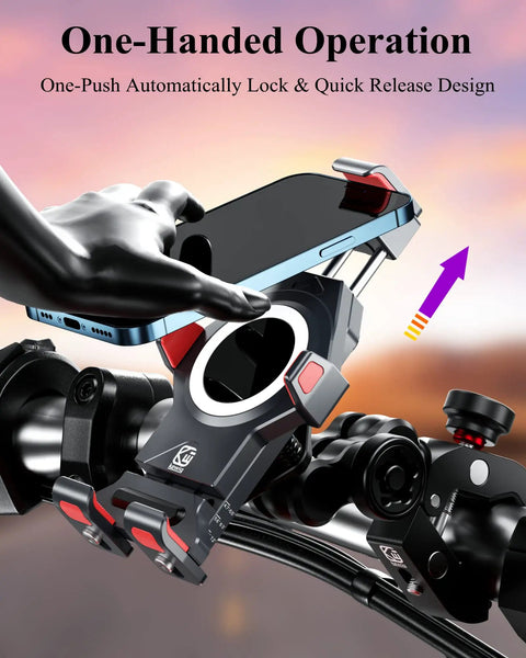 Heavy Duty Motorcycle Phone Mount With Silent Vibration Dampener And Lockdown Anti Theft Safety Knob for easy one-handed operation.