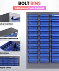 40 Drawer Metal Parts Storage Cabinet With Alloy Steel Frame And Removable ABS Bins For Garage, Workshop Or Office Supplies, Heavy Duty Nut And Bolt Organizer For Easy Organization And Quick Access, showing front view with blue bins.