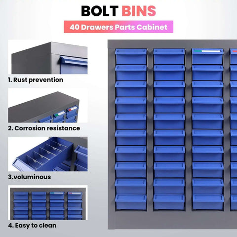 40 Drawer Metal Parts Storage Cabinet With Alloy Steel Frame And Removable ABS Bins For Garage, Workshop Or Office Supplies, Heavy Duty Nut And Bolt Organizer For Easy Organization And Quick Access, showing front view with blue bins.